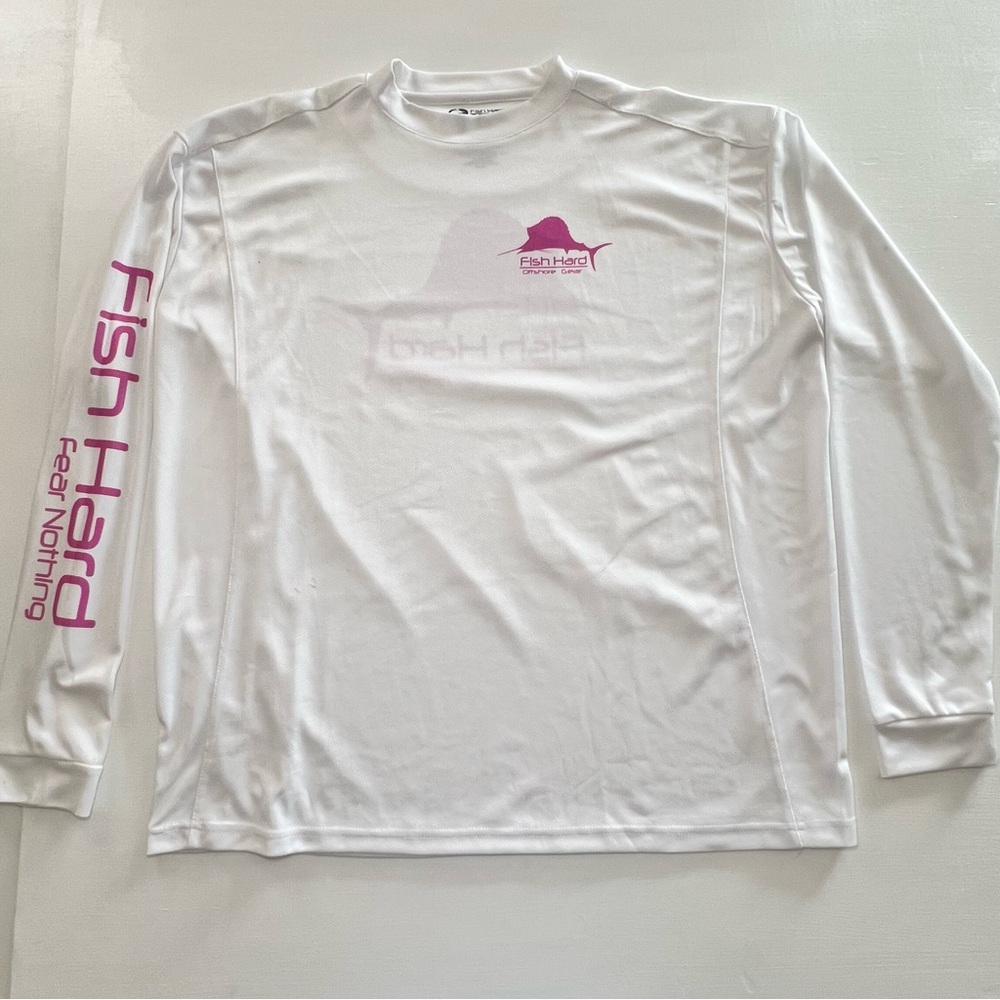 GUC XL Women's Fish Hard Long Sleeve Tee Shirt SPF Fishing Shirt White and Pink